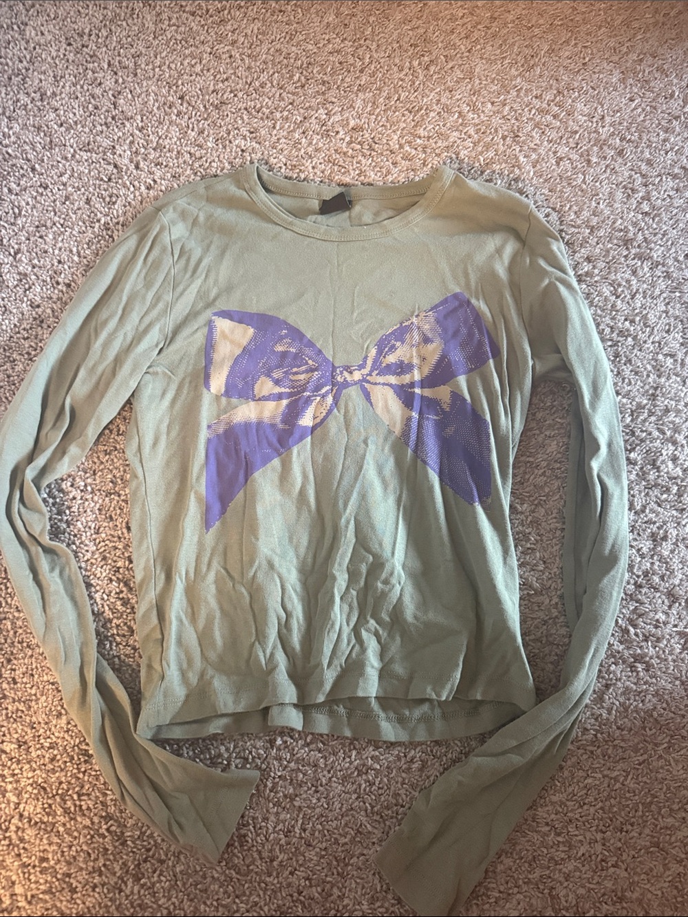 Urban Outfitters Olive Green Long Sleeve Top with Purple Bow Print